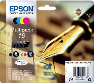 Een Epson inktcartridge 16, 165-175 pagina's, OEM C13T16264012, 4 kleuren koop je bij ShopXPress