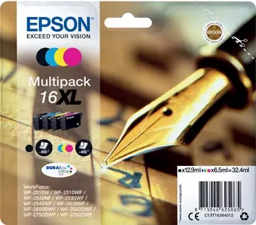 Een Epson inktcartridge 16XL, 450-500 pagina's, OEM C13T16364012, 4 kleuren koop je bij ShopXPress