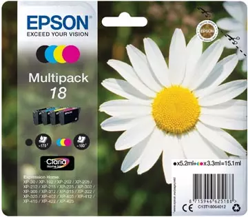 Een Epson inktcartridge 18, 175 pagina's, OEM C13T18064012, 4 kleuren koop je bij ShopXPress