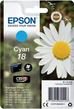 Een Epson inktcartridge 18, 180 pagina's, OEM C13T18024012, cyaan koop je bij ShopXPress