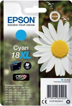 Een Epson inktcartridge 18XL, 450 pagina's, OEM C13T18124012, cyaan koop je bij ShopXPress