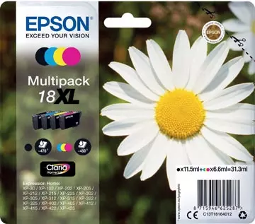 Een Epson inktcartridge 18XL, 450 pagina's, OEM C13T18164012, 4 kleuren koop je bij ShopXPress