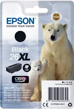 Een Epson inktcartridge 26XL, 500 pagina's, OEM C13T26214012, zwart koop je bij ShopXPress