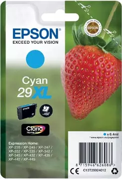 Een Epson inktcartridge 29X,L 450 pagina's, OEM C13T29924012, cyaan koop je bij ShopXPress