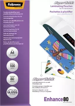 Een Fellowes Super Quick lamineerhoes Enhance80 ft A4, 160 micron (2 x 80 micron), pak van 100 stuks koop je bij ShopXPress