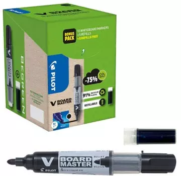 Een Pilot V-Board Master BeGreen whiteboardmarker, ronde punt, 2,3 mm, 10 stuks + 10 vullingen, zwart koop je bij ShopXPress