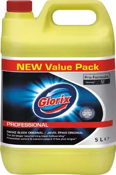 Een Glorix Pro Formula toiletreiniger dikke bleek Original met chloor, fles van 5 l koop je bij ShopXPress