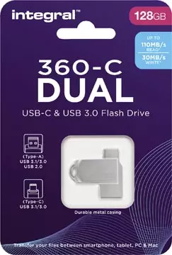 Een Integral 360-C Dual USB-C & USB 3.0 stick, 128 GB koop je bij ShopXPress