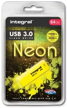 Een Integral Neon USB 3.0 stick, 64 GB, geel koop je bij ShopXPress