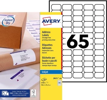 Een Avery witte etiketten QuickDry ft 38,1 x 21,2 mm (b x h), 6.500 stuks, 65 per blad koop je bij Supplierz BV