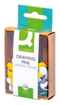 Een Q-CONNECT punaises, geassorteerde kleuren, doosje van 120 stuks koop je bij ShopXPress