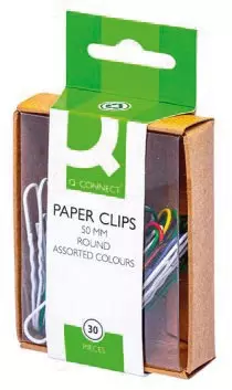 Een Q-CONNECT papierklemmen, 50 mm, gekleurd, doos van 30 stuks, ophangbaar koop je bij ShopXPress