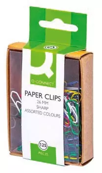 Een Q-CONNECT papierklemmen, 26 mm, gekleurd, doos van 125 stuks, ophangbaar koop je bij ShopXPress