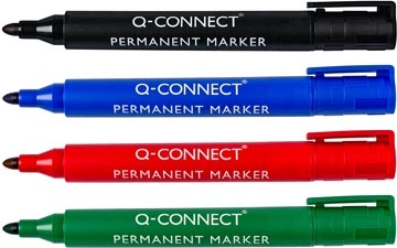 Een Q-CONNECT permanente marker, 2-3 mm, ronde punt, geassorteerde kleuren, etui van 4 stuks koop je bij ShopXPress