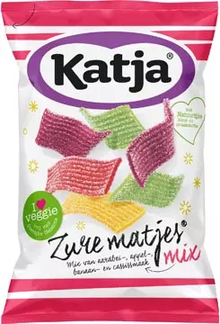 Een Katja Zure Matjes snoep, mix van aardbei-, appel-, banaan- en cassissmaak, zak van 250 g koop je bij ShopXPress