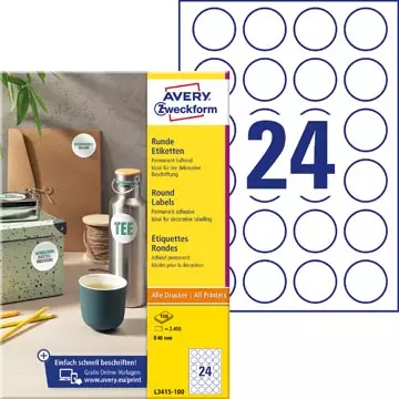 Een Avery Zweckform ronde etiketten, diameter 40 mm, wit, permanent klevend, 240 etiketten, 10 vellen koop je bij ShopXPress