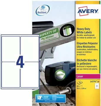 Een Avery L4774-20 ultra-sterke etiketten ft 99,1 x 139 mm (b x h), 80 etiketten, wit koop je bij ShopXPress