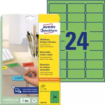 Een Avery afneembare gekleurde etiketten ft 63,5 x 33,9 mm (b x h), 480 stuks, 24 per blad, groen koop je bij ShopXPress