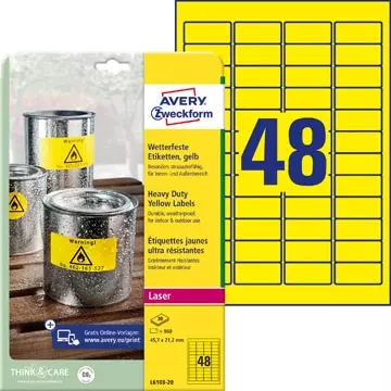 Een Avery Etiketten Heavy Duty ft 45,7 x 21,2 mm geel koop je bij ShopXPress