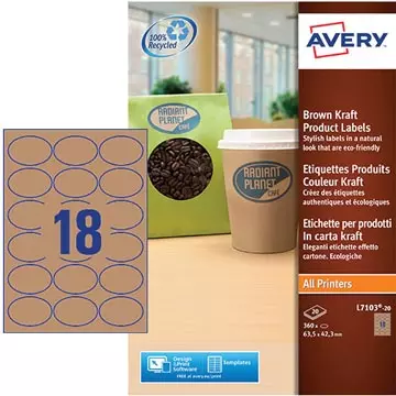 Een Avery L7103-20 productetiketten ft 63,5 x 42,3 mm (b x h), 360 etiketten, kraft, ovaal koop je bij ShopXPress