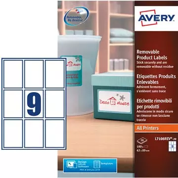 Een Avery Afneembare productetiketten ft 62 x 89 mm (b x h), 180 stuks, 9 per blad, doos van 20 blad koop je bij ShopXPress