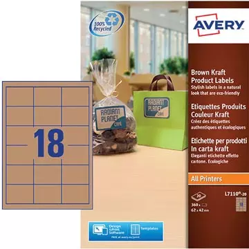 Een Avery L7110-20 productetiketten ft 62 x 42 mm (b x h), 360 etiketten, kraft koop je bij ShopXPress