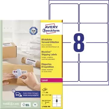 Een Avery L7165B-100 BlockOut zelfklevende etiketten QuickPeel, ft 99,1 x 67,7 mm (b x h), 800 etiketten koop je bij ShopXPress
