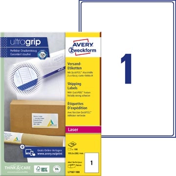 Vous pouvez acheter un Avery L7167, Etiquettes d'expédition, Laser, Ultragrip, blanches, 100 pages, 1 per page, 199,6 x 289,1 mm chez Supplierz BV