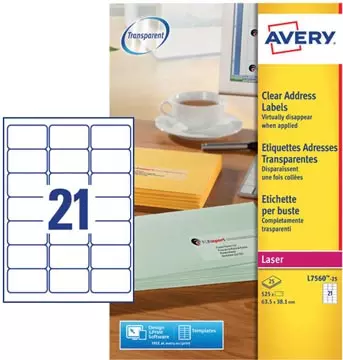 Een Avery L7560-25 adresetiketten ft 63,5 x 38,1 mm (b x h), 525 etiketten, transparant koop je bij ShopXPress