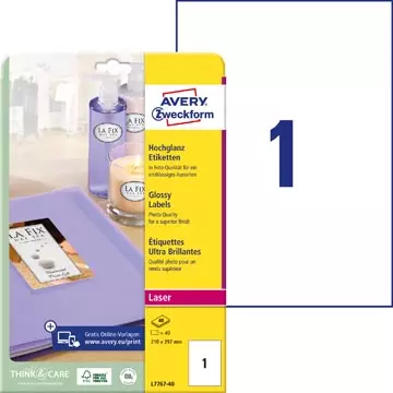 Een Avery Etiketten hoogglanzend ft 210 x 297 mm (b x h), doos van 40 blad, 40 stuks koop je bij ShopXPress