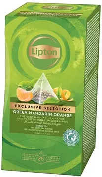 Een Lipton thee Exclusive Selection, groene thee mandarijn sinaasappel, doos van 25 zakjes koop je bij ShopXPress