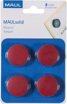 Een MAUL magneet Solid, 32 mm, trekkracht 800 gr, blister van 4 stuks, rood koop je bij ShopXPress