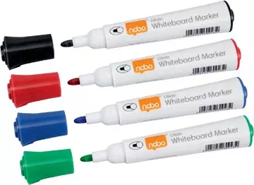 Een Nobo Glide whiteboardmarker, pak van 4 stuks, geassorteerde kleuren, op blister koop je bij ShopXPress