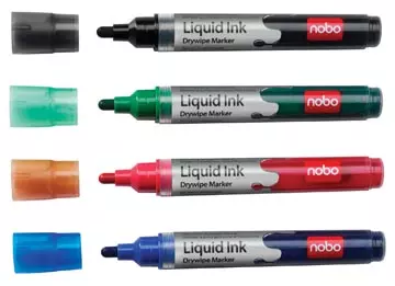 Een Nobo Witbordstift Geassorteerde kleuren: zwart, groen, rood en blauw, blister van 4 stuks koop je bij ShopXPress