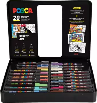 Een Posca paintmarkers, metalen doos van 20 stuks, in geassorteerde kleuren, ontwerp Street art koop je bij ShopXPress