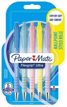 Een Paper Mate balpen Flexgrip Pastel RT, medium, blauwe inkt, blister van 5 stuks, assorti koop je bij ShopXPress