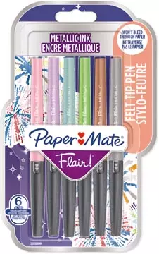 Een Paper Mate fineliner Flair, blister van 6 stuks in geassorteerde metallic kleuren koop je bij ShopXPress