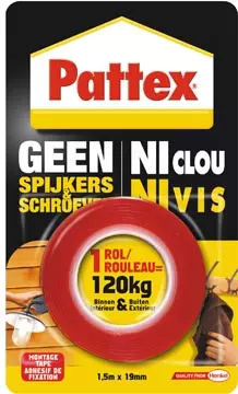 Een Pattex montagetape Geen Spijkers & Schroeven, ft 1,5 m x 19 mm, draagt tot 120 kg, blisterverpakking koop je bij ShopXPress