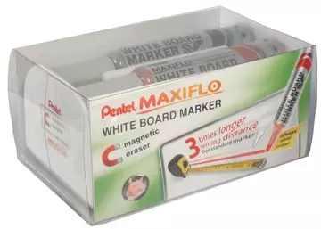 Een Pentel whiteboardmarker Maxiflo set van 4 stuks: blauw, rood, groen en zwart + magnetische bordwisser koop je bij ShopXPress