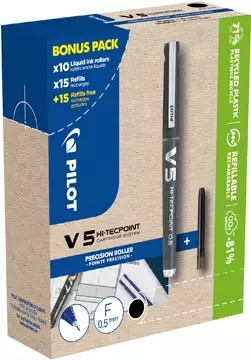 Een Pilot Hi-Tecpoint V5, 10 rollers + 30 vullingen, fijn, zwart koop je bij ShopXPress