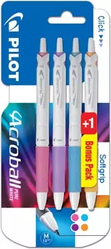 Een Pilot balpen Acroball Pure White, blister van 3 + 1 gratis, in vrolijke kleuren koop je bij ShopXPress