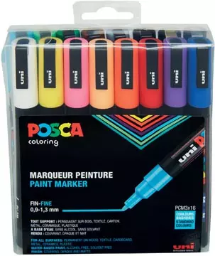 Een Posca paintmarker PC-3M, etui met 16 stuks in geassorteerde kleuren koop je bij ShopXPress