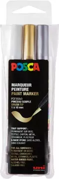 Een Posca paintmarker PCF-350, brush tip, étui van 3 stuks, assorti (goud, zilver en wit) koop je bij ShopXPress