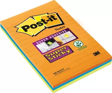 Een Post-It Super Sticky Notes, 45 blaadjes, ft 102 x 152 mm, geassorteerde kleuren, pak van 3 koop je bij ShopXPress