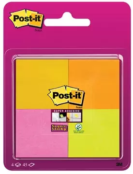 Een Post-It Super Sticky notes, 45 vel, ft 47,6 x 47,6 mm, blister van 4 blokken in geassorteerde kleuren koop je bij ShopXPress