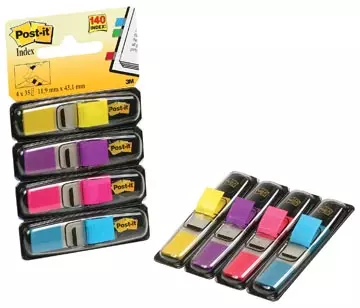 Een Post-it Index Smal, 4 x 35 tabs, geel, paars, roze en helderblauw koop je bij ShopXPress