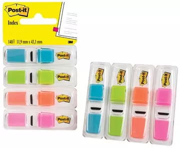 Een Post-it Index Smal, 4 x 35 tabs, turkoois, lichtgroen, oranje en roze koop je bij ShopXPress