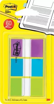 Een Post-it Index standaard, ft 25,4 x 43,2 mm, blister met 3 kleuren, 20 tabs per kleur koop je bij ShopXPress