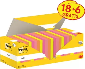 Een Post-it Notes, 100 vel, ft 76 x 76 mm, assorti, 18 blokken + 6 GRATIS koop je bij ShopXPress