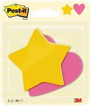 Een Post-it Notes, 2 x 30 vel, ft 70 x 72 mm, ster ultra geel, hart power roze koop je bij ShopXPress